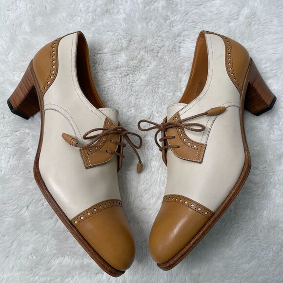Carmina Shoes - Carmina #1835 Women's Tan White Derby Madison Lace Up Pump Heel Shoes Size 7